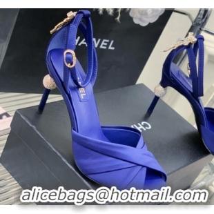 Top Design Chanel Satin Heel Sandals 8.5 with Crystal Ball Heel and Bow Blue 403080