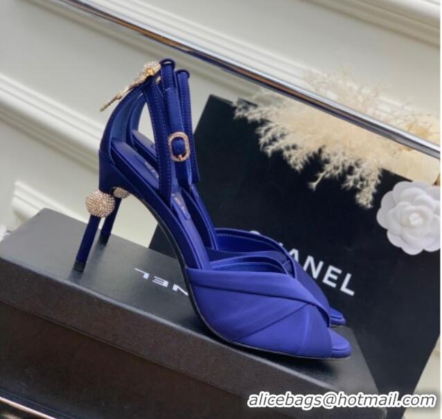 Top Design Chanel Satin Heel Sandals 8.5 with Crystal Ball Heel and Bow Blue 403080