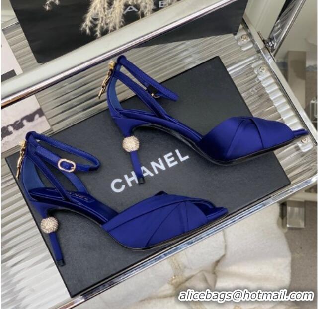 Top Design Chanel Satin Heel Sandals 8.5 with Crystal Ball Heel and Bow Blue 403080