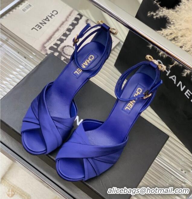 Top Design Chanel Satin Heel Sandals 8.5 with Crystal Ball Heel and Bow Blue 403080