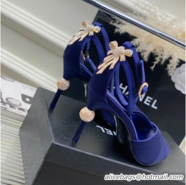 Top Design Chanel Satin Heel Sandals 8.5 with Crystal Ball Heel and Bow Blue 403080