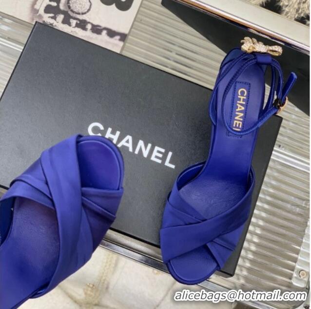 Top Design Chanel Satin Heel Sandals 8.5 with Crystal Ball Heel and Bow Blue 403080