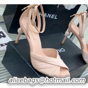 Good Looking Chanel Satin Heel Sandals 8.5 with Crystal Ball Heel and Bow Nude Pink 403081