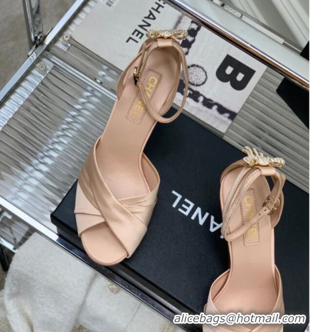 Good Looking Chanel Satin Heel Sandals 8.5 with Crystal Ball Heel and Bow Nude Pink 403081