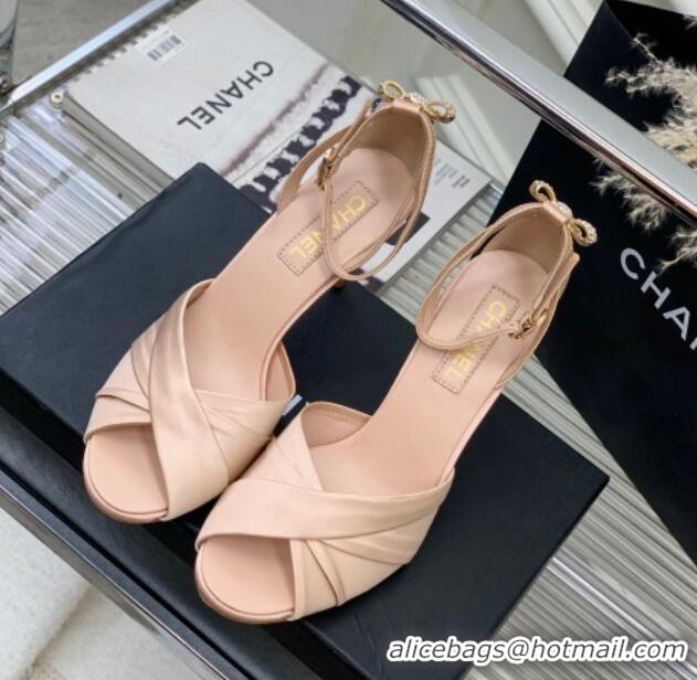 Good Looking Chanel Satin Heel Sandals 8.5 with Crystal Ball Heel and Bow Nude Pink 403081