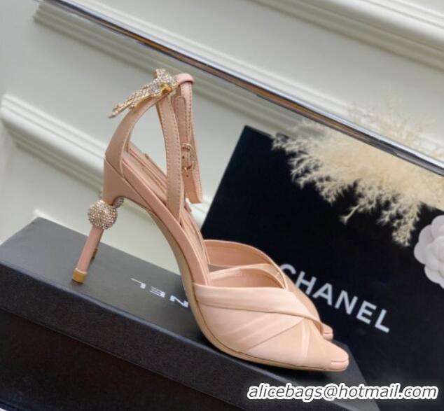 Good Looking Chanel Satin Heel Sandals 8.5 with Crystal Ball Heel and Bow Nude Pink 403081