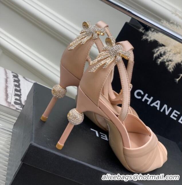 Good Looking Chanel Satin Heel Sandals 8.5 with Crystal Ball Heel and Bow Nude Pink 403081