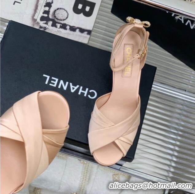 Good Looking Chanel Satin Heel Sandals 8.5 with Crystal Ball Heel and Bow Nude Pink 403081