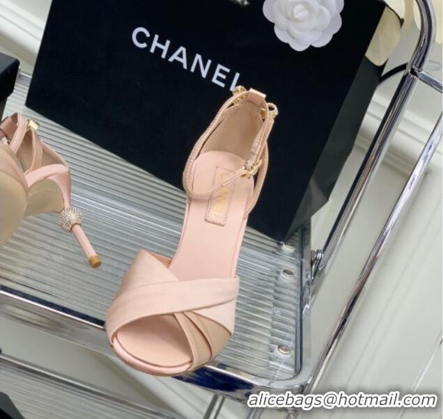 Good Looking Chanel Satin Heel Sandals 8.5 with Crystal Ball Heel and Bow Nude Pink 403081