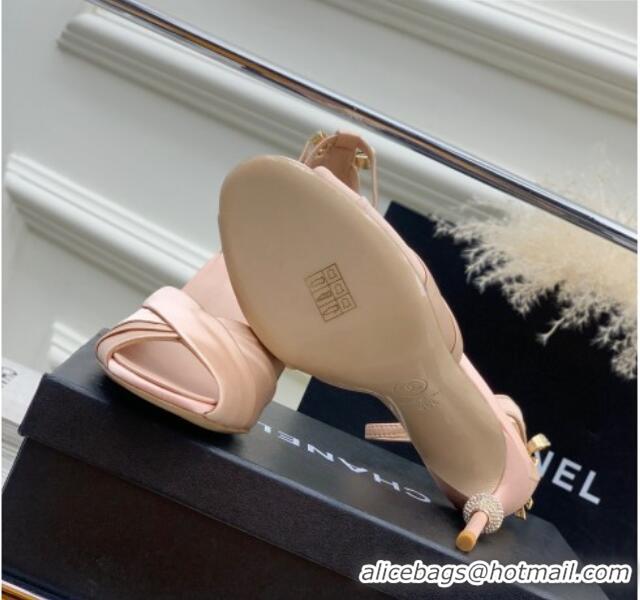 Good Looking Chanel Satin Heel Sandals 8.5 with Crystal Ball Heel and Bow Nude Pink 403081