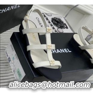 Best Product Chanel Leather Sandals with Crystal CC White 403082