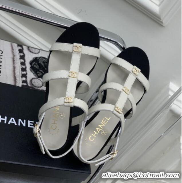 Best Product Chanel Leather Sandals with Crystal CC White 403082