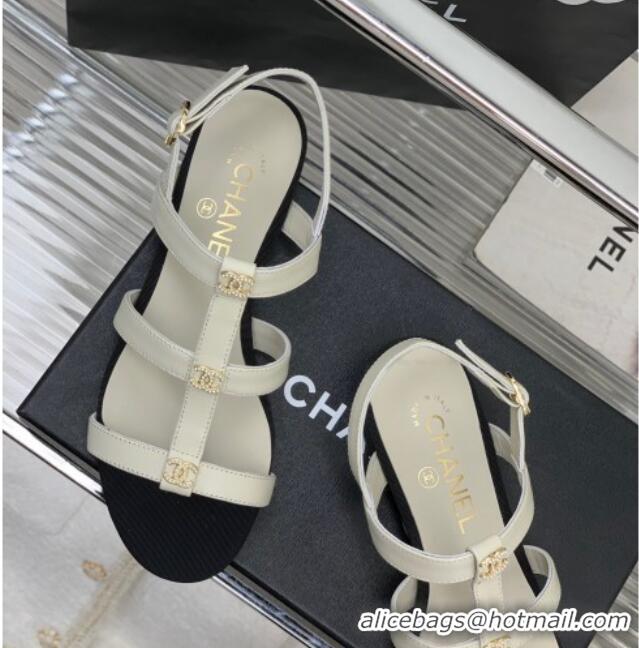 Best Product Chanel Leather Sandals with Crystal CC White 403082