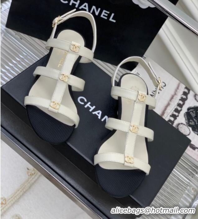 Best Product Chanel Leather Sandals with Crystal CC White 403082