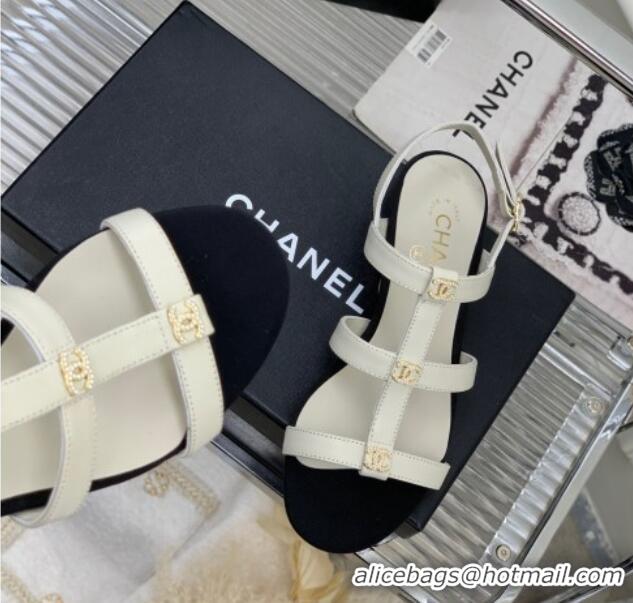 Best Product Chanel Leather Sandals with Crystal CC White 403082