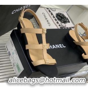 Charming Chanel Leather Sandals with Crystal CC Beige 403083