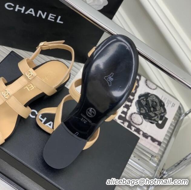 Charming Chanel Leather Sandals with Crystal CC Beige 403083