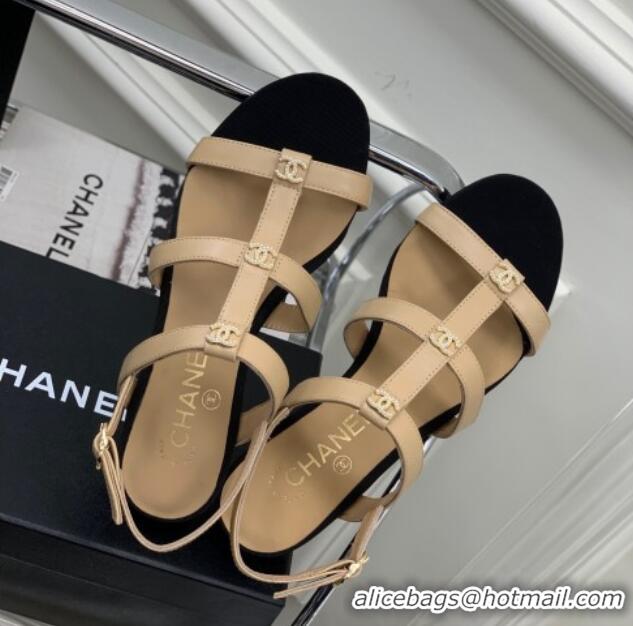 Charming Chanel Leather Sandals with Crystal CC Beige 403083