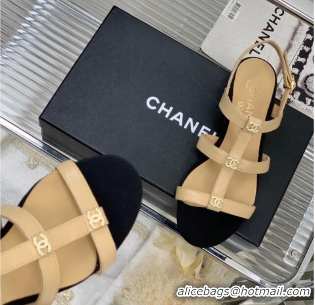 Charming Chanel Leather Sandals with Crystal CC Beige 403083