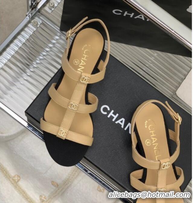 Charming Chanel Leather Sandals with Crystal CC Beige 403083