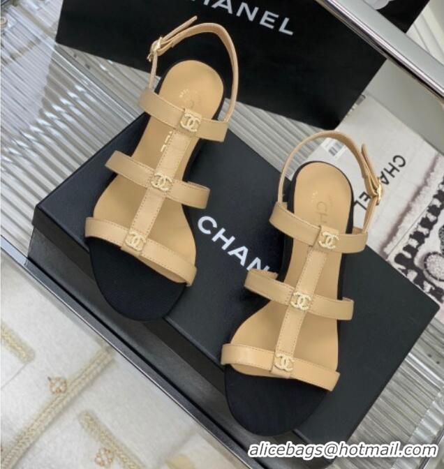 Charming Chanel Leather Sandals with Crystal CC Beige 403083