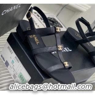 Purchase Chanel Leather Sandals with Crystal CC Black 403084