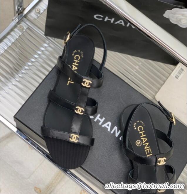 Purchase Chanel Leather Sandals with Crystal CC Black 403084