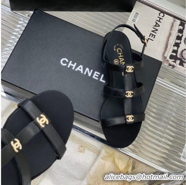 Purchase Chanel Leather Sandals with Crystal CC Black 403084