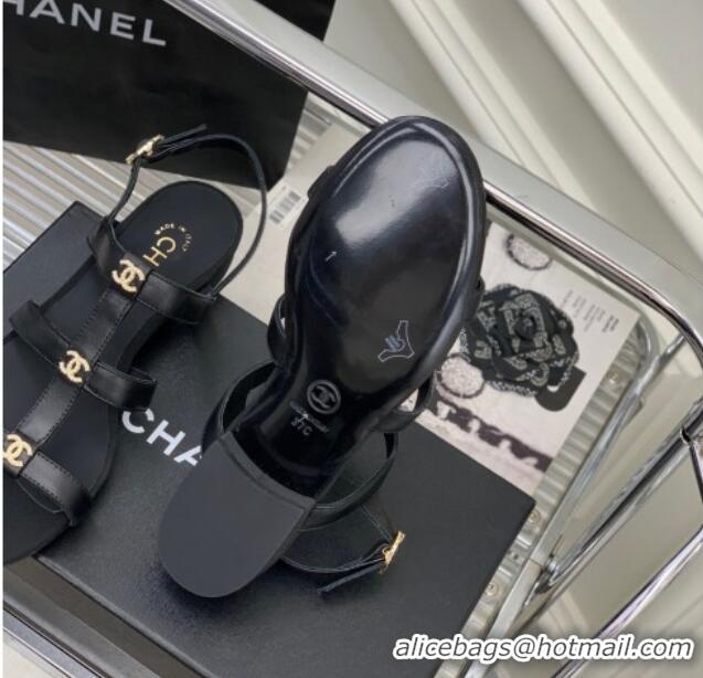 Purchase Chanel Leather Sandals with Crystal CC Black 403084