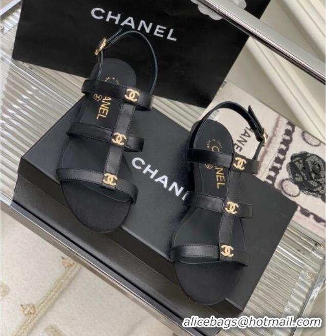 Purchase Chanel Leather Sandals with Crystal CC Black 403084