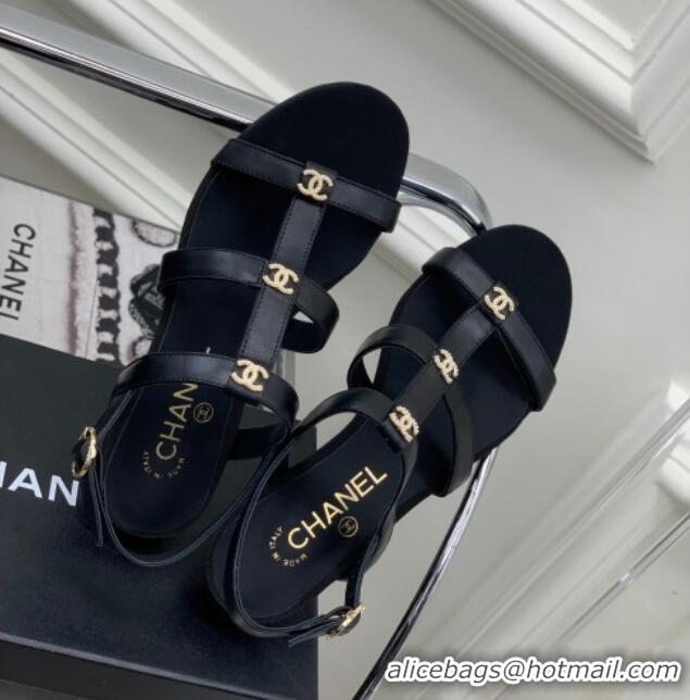 Purchase Chanel Leather Sandals with Crystal CC Black 403084