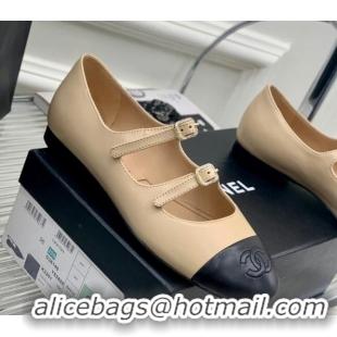 Stylish Chanel Calfskin Ballerinas with Double Buckle Beige 403085