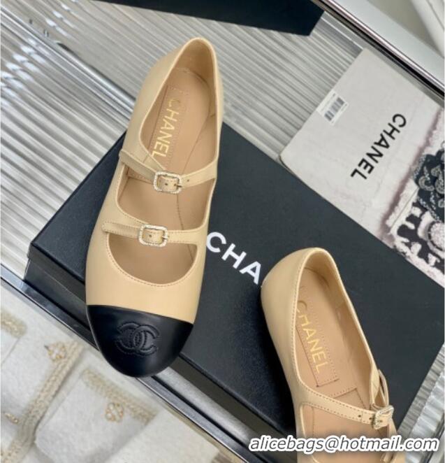 Stylish Chanel Calfskin Ballerinas with Double Buckle Beige 403085