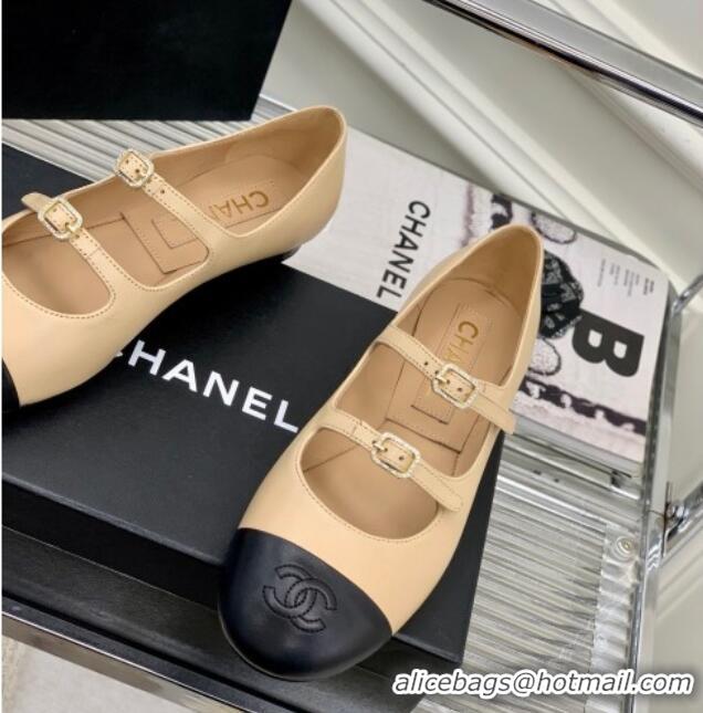 Stylish Chanel Calfskin Ballerinas with Double Buckle Beige 403085