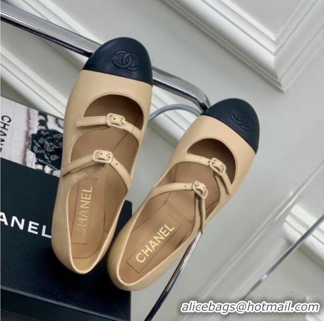 Stylish Chanel Calfskin Ballerinas with Double Buckle Beige 403085