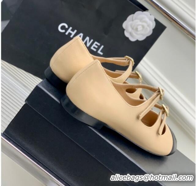 Stylish Chanel Calfskin Ballerinas with Double Buckle Beige 403085