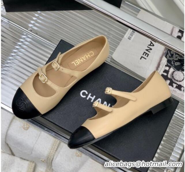 Stylish Chanel Calfskin Ballerinas with Double Buckle Beige 403085