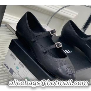 Grade Quality Chanel Grained Leather Ballerinas with Double Buckle Black 403086