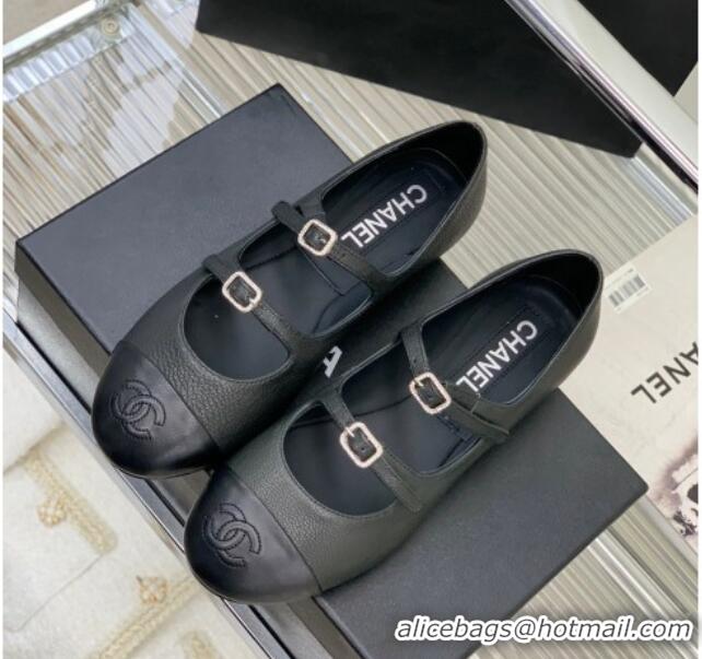 Grade Quality Chanel Grained Leather Ballerinas with Double Buckle Black 403086