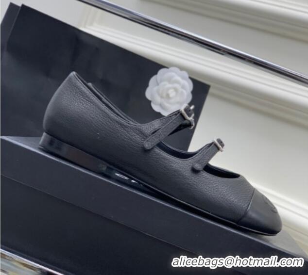 Grade Quality Chanel Grained Leather Ballerinas with Double Buckle Black 403086