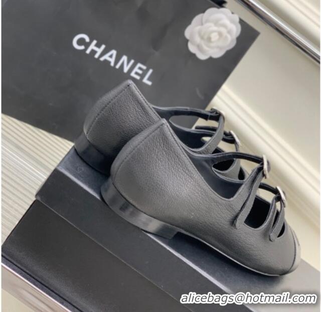 Grade Quality Chanel Grained Leather Ballerinas with Double Buckle Black 403086