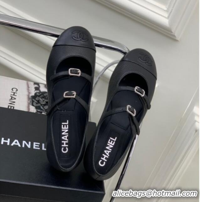 Grade Quality Chanel Grained Leather Ballerinas with Double Buckle Black 403086