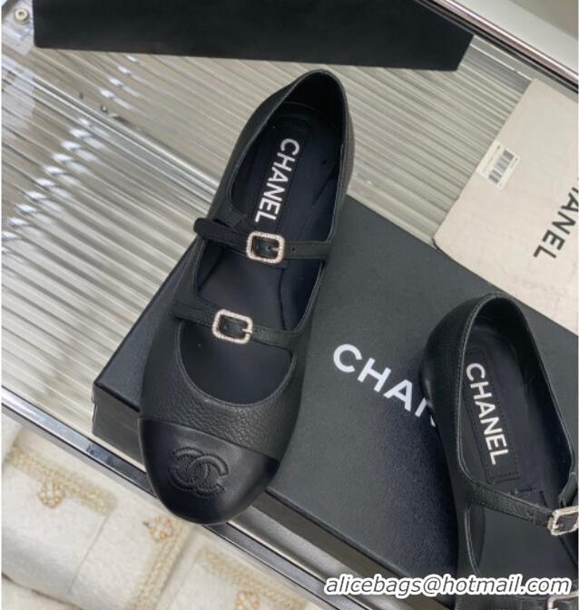 Grade Quality Chanel Grained Leather Ballerinas with Double Buckle Black 403086