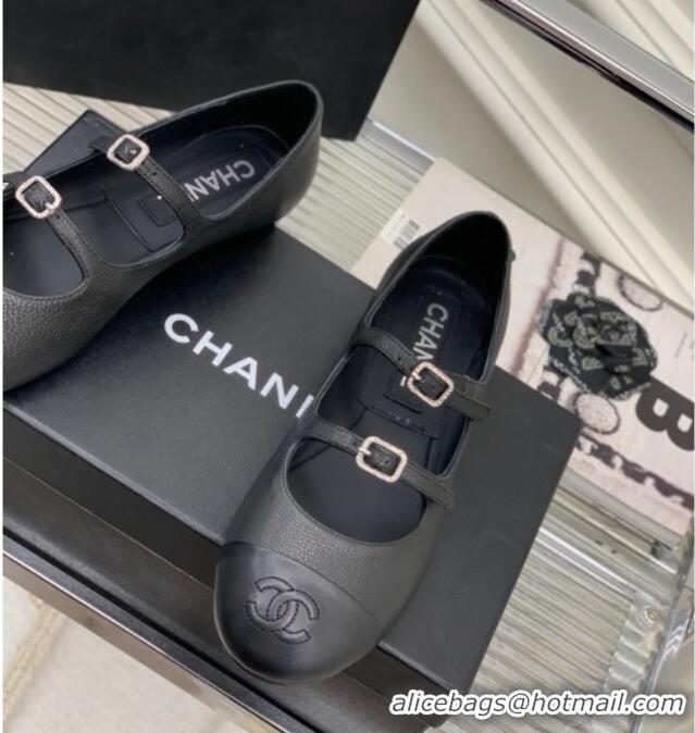 Grade Quality Chanel Grained Leather Ballerinas with Double Buckle Black 403086