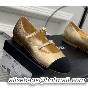 Stylish Chanel Metallic Leather Ballerinas with Double Buckle Gold 403087