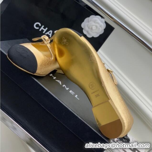 Stylish Chanel Metallic Leather Ballerinas with Double Buckle Gold 403087