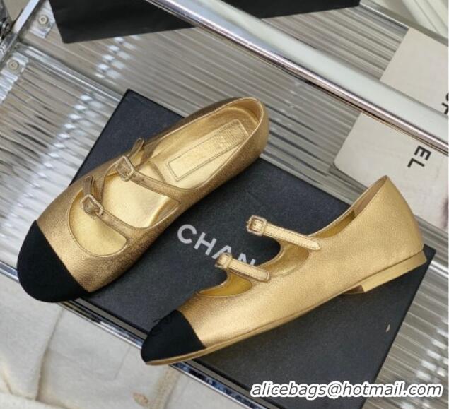 Stylish Chanel Metallic Leather Ballerinas with Double Buckle Gold 403087