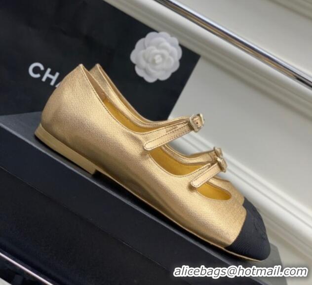 Stylish Chanel Metallic Leather Ballerinas with Double Buckle Gold 403087