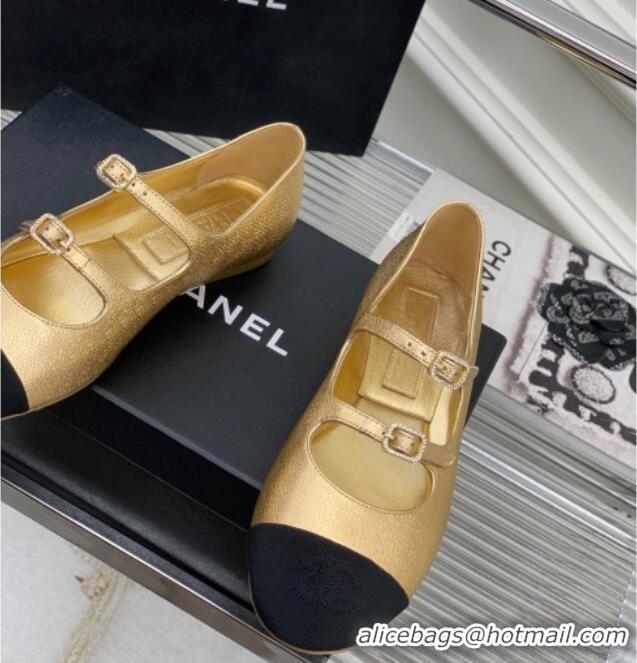 Stylish Chanel Metallic Leather Ballerinas with Double Buckle Gold 403087