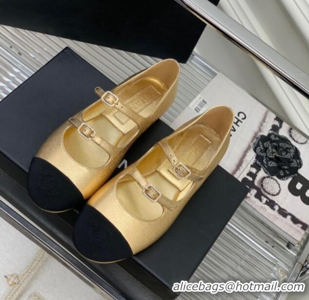 Stylish Chanel Metallic Leather Ballerinas with Double Buckle Gold 403087